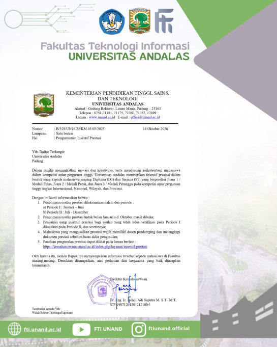 Pengumuman Insentif Prestasi Mahasiswa Universitas Andalas