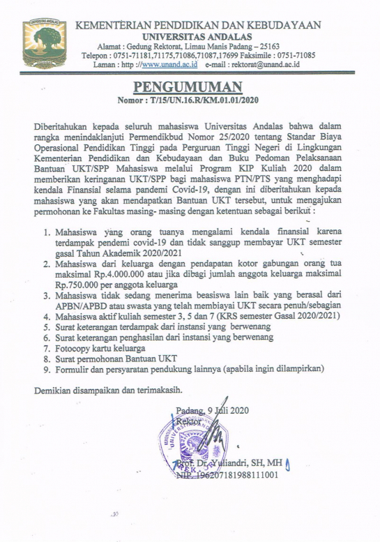 Pengumuman Bantuan Biaya Uang Kuliah Tunggal (UKT)