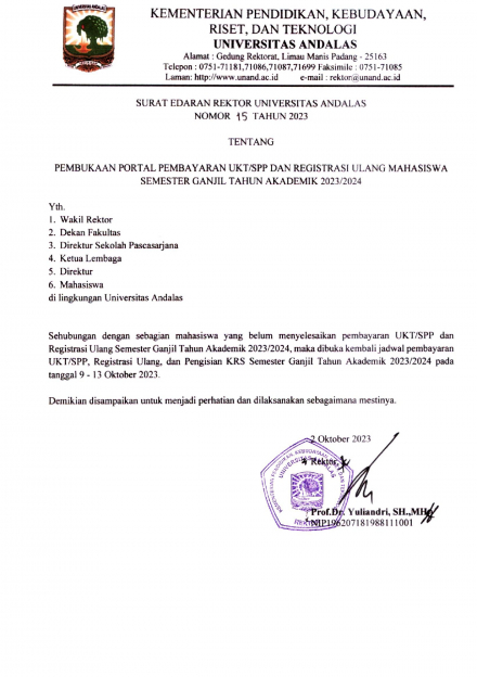 Surat Edaran Rektor Tentang "Pembukaan Portal Pembayaran UKT/SPP dan Registrasi Ulang Mahasiswa Semester Ganjil TA 2023/2024"