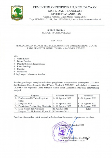 Perpanjangan Jadwal Pembayaran UKT/SPP dan Registrasi Ulang Pada Semester Ganjil Tahun Akademik 2022/2023